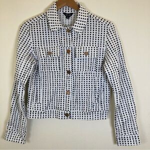 Saint + Sofia Cropped Polka Dot Jacket Tweed Black White Cotton Stretch Size 6